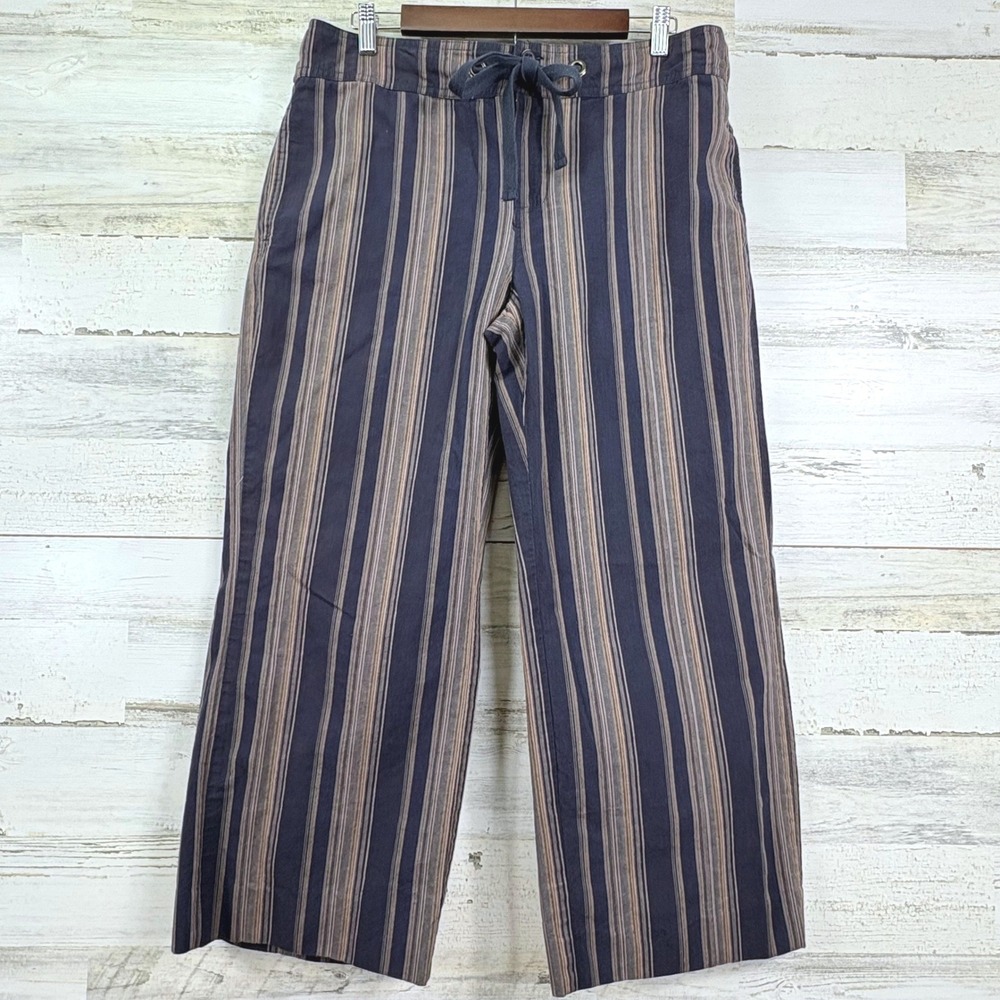 ORVIS Women Striped Wide Leg Pants Cropped Navy Tan Casual Cotton Size 14